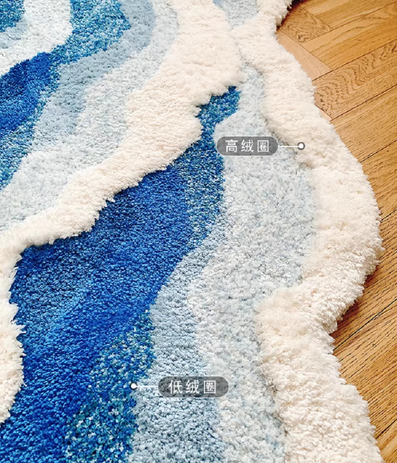 Blue Sea Pattern Tufted Rug Funny Japanese Style Tufting Rug Cute Flocking Carpet Floor Pad anti Slip Doormat Aesthetic Home Pad
