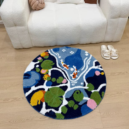Coloful Lotus Pond round Handmade Tufted Rug for Living Room Psychedelic Bedroom Retro Carpet Plush Circle Abstract Art Area Rug