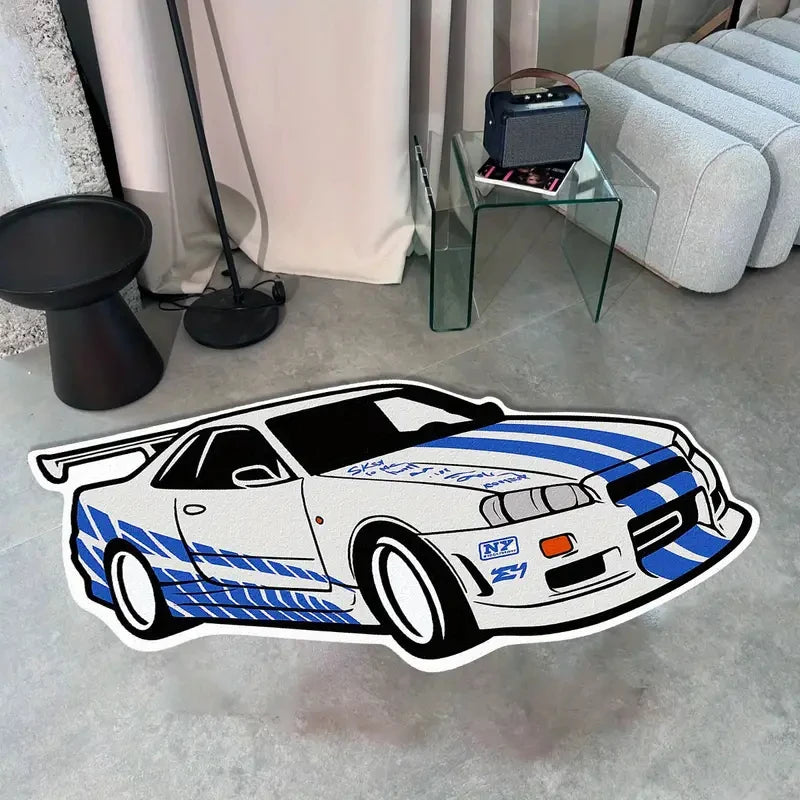 VIKAMA Cool Blue and White Sports Car Rug - Easy to Clean - Boys' Bedroom Floor Mat - Living Room Floor Pad - Home Decoration