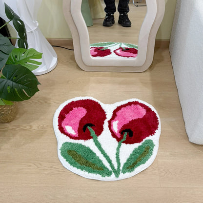 Cherry Shaped Tufted Rug, 3D Fluffy Soft Carpet, Cute Fruit Themed Floor Mat for Bedroom Living Room Non-Slip Home Decor