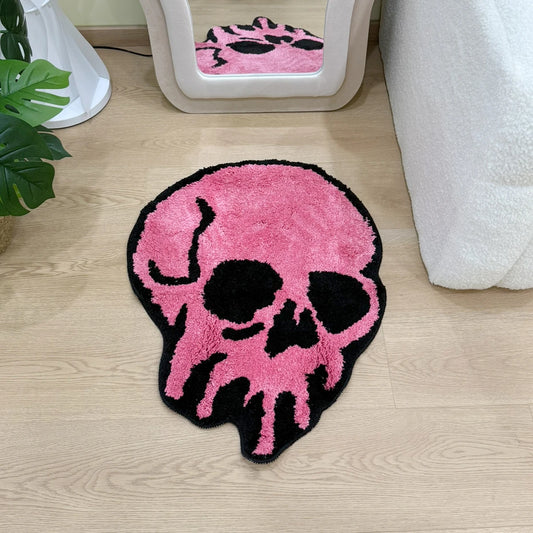 Pink Skull Shaped Tufted Rug, Gothic Aesthetic Home Decor, Non-Slip Floor Mat for Bedroom Living Room