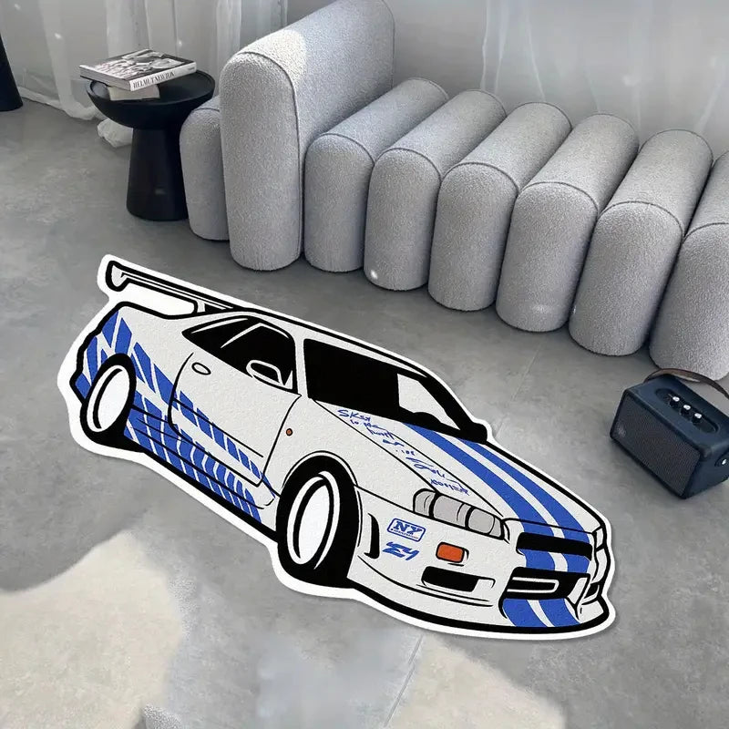 VIKAMA Cool Blue and White Sports Car Rug - Easy to Clean - Boys' Bedroom Floor Mat - Living Room Floor Pad - Home Decoration