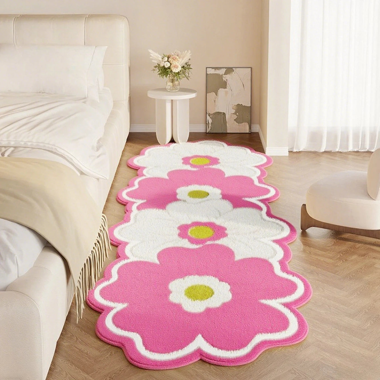 Flower Pattern Bedroom Decor Pink Carpet Thick Plush Bedside Floor Mat Irregular Shapes Carpets for Living Room Fluffy Soft Rug