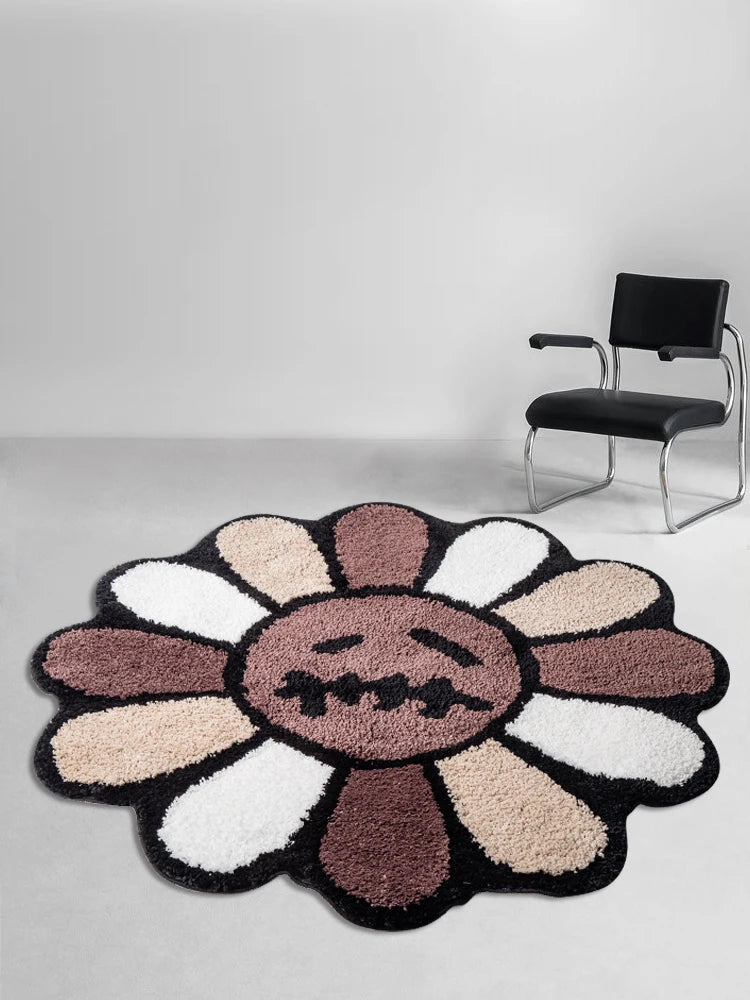 Smiling Face Tufted Rug Flower Art Rug for Bedroom Living Room Retro Rainbow Fluffy Bathroom Smile Rug Nonslip Mat Home Decor