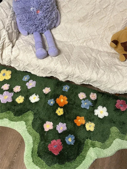Floral Tufted Carpet Garden Green Style Carpet Soft Pile Sofa Rug Anti-slip Indoor Floor Footer Bedroom Bedside Footer
