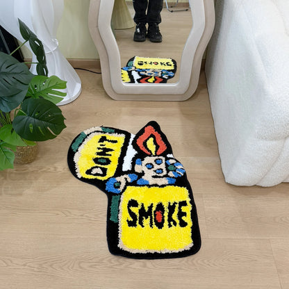 Yellow "DON'T SMOKE" Character Tufted Rug, Trendy Graphic Home Decor, Non-Slip Floor Mat for Bedroom Living Room