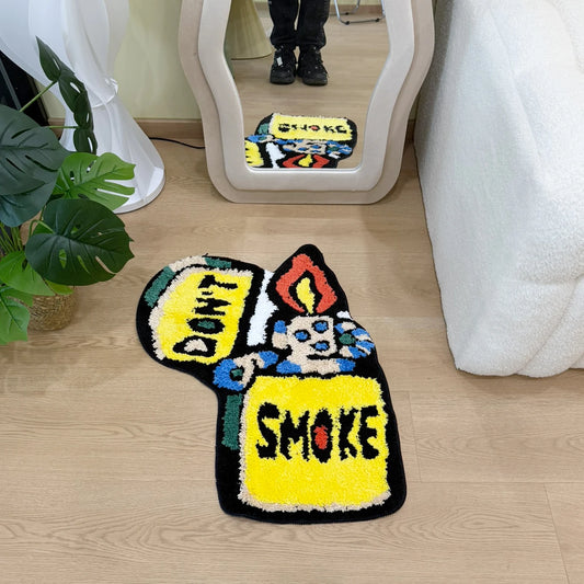 Yellow "DON'T SMOKE" Character Tufted Rug, Trendy Graphic Home Decor, Non-Slip Floor Mat for Bedroom Living Room