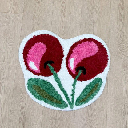 Cherry Shaped Tufted Rug, 3D Fluffy Soft Carpet, Cute Fruit Themed Floor Mat for Bedroom Living Room Non-Slip Home Decor