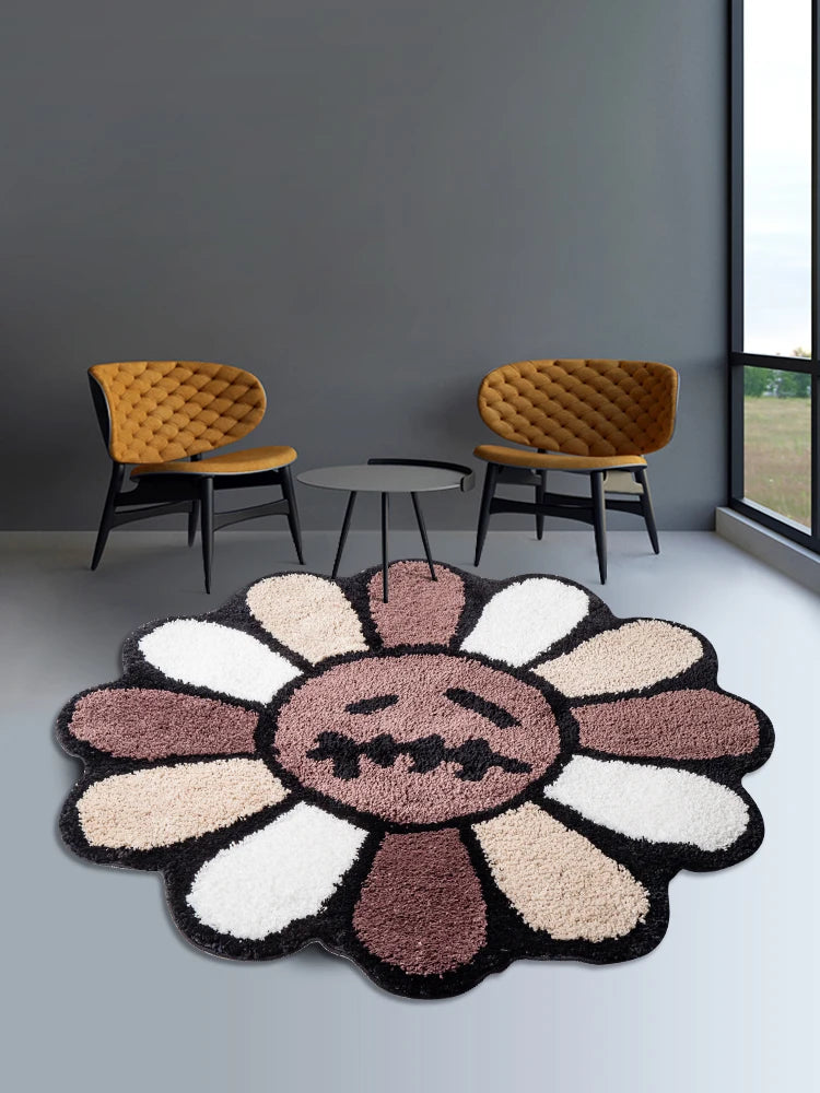 Smiling Face Tufted Rug Flower Art Rug for Bedroom Living Room Retro Rainbow Fluffy Bathroom Smile Rug Nonslip Mat Home Decor