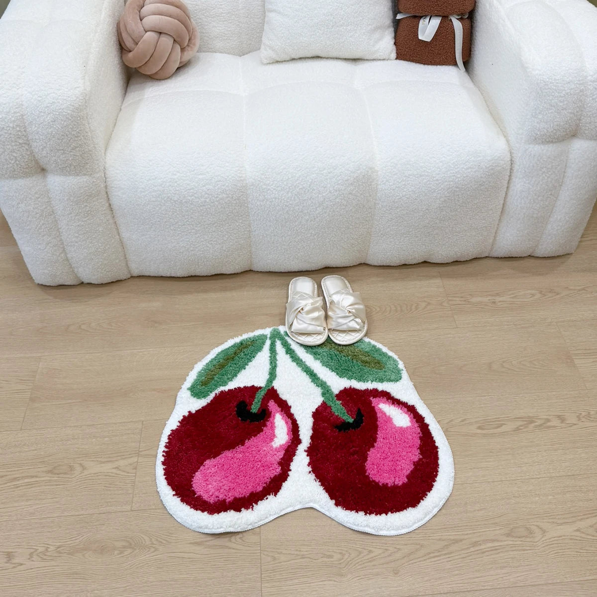 Cherry Shaped Tufted Rug, 3D Fluffy Soft Carpet, Cute Fruit Themed Floor Mat for Bedroom Living Room Non-Slip Home Decor