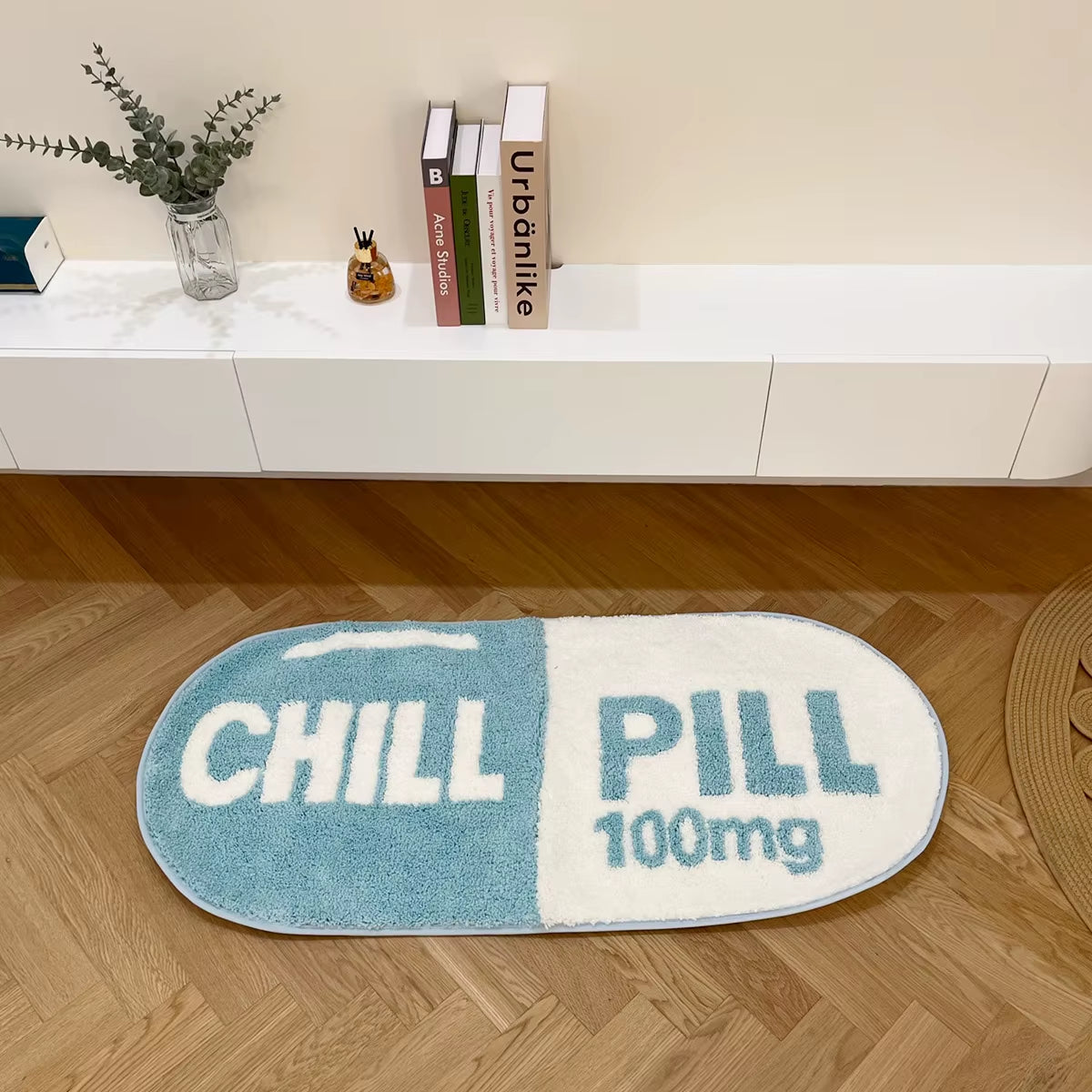 Ultra Soft Tufted Chill Pill Rug Cute Bathroom Mat Blue Game Accent Carpet for Living Room Nonslip Fun Decorative Area Rug